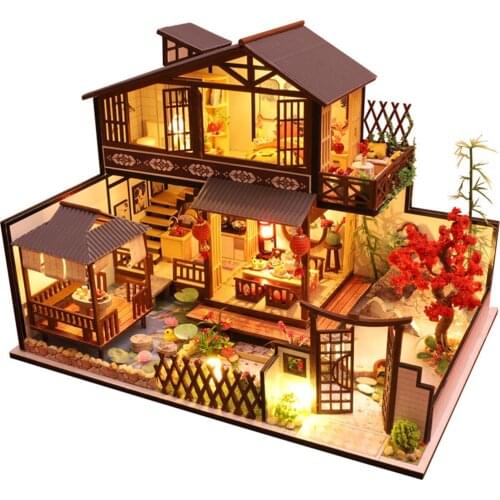 Japanese Style DIY Wooden Puzzle Model Building Kit Assembly Cabin Construction Handmade Craft Toy Gift with LED Light