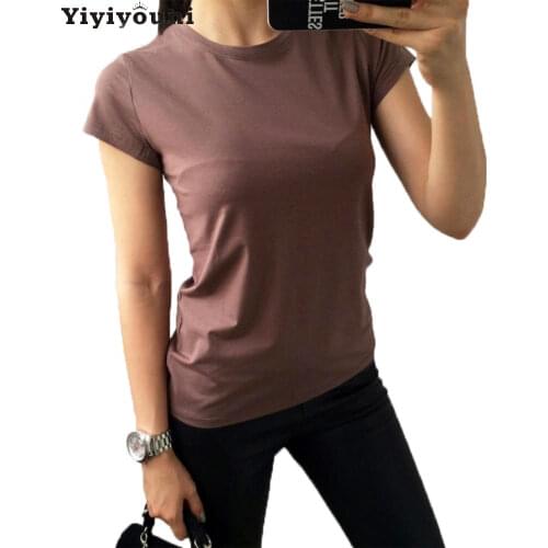 Yiyiyouni Casual Solid Basic Tee-shirts Women Summer Short Sleeve Cotton T-shirt Women White Black O-neck Korean Tops Female New