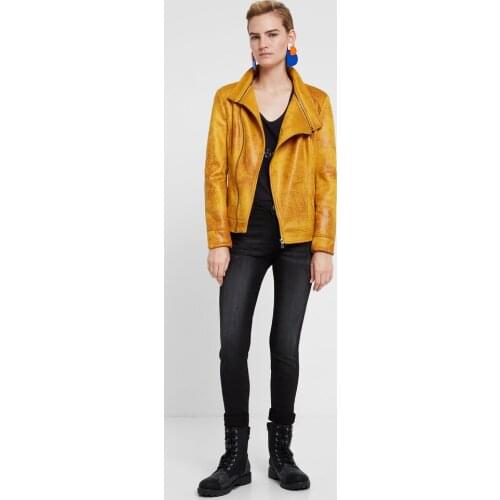 Spanish desigual yellow PU jacket with small stand-up collar sleeves stitched thread print zipper jacket