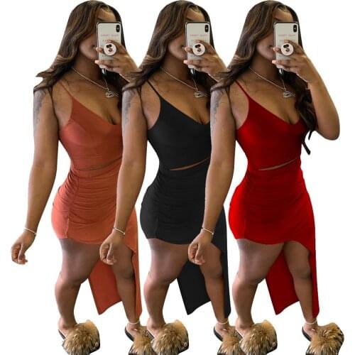 Echoine Strap Crop Top Midi Skirt Set Irregular Split Pleated Stacked Sexy Skirt Two Piece Set Summer Party Clubwear Outfits