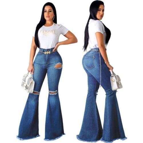 Fashion Girls Jeans Spring Wide Leg Pants Plus Size Fashion Denim Lady Slim Flared Trousers Women High Waist Ripped Bell Bottoms