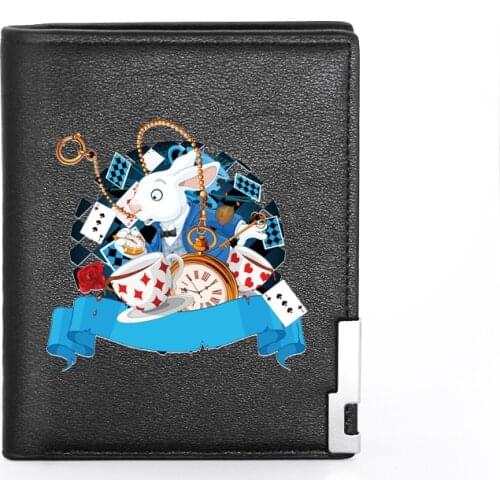 Fashion Dream Alice in Wonderland Rabbit Poker Printing Leather Mens Wallet Credit Card Holder Short Women Slim Purse