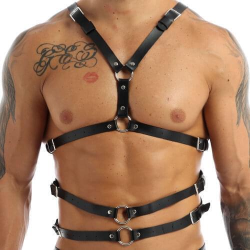 Harness Mens Adjustable Buckle PU Leather Harness Punk Gothic Metal O-Ring Chain Haler Body Shoulder Chest Belt with Armband