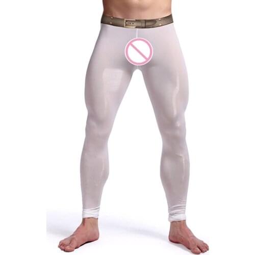 Men Sexy Ultra thin Transparent Pouch Ice Silk Pants Mens Home Lounge Pants The belt design Sleepwear Sexy Fashion Brand