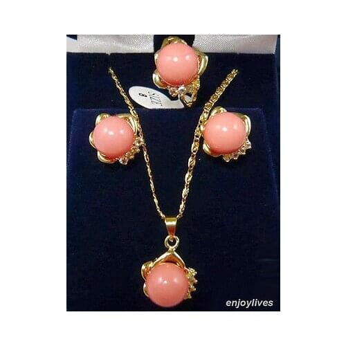 Women real latest design Nobility Lucky Women Pink Coral Yellow Crystal Pendant Necklace Ring Earrings Set