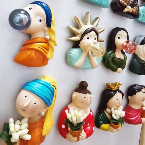 Wholesale Cartoon 3D Refrigerator Magnets Van Gogh Mona Lisa Pearl Earrings Girl Fridge Magnets Message Stickers Home Decoration