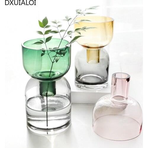 DXUIALOI Nordic Creative Colored Transparent Glass Vase Housewarming Gift Home Living Room Flower Arrangement Vase Decoration