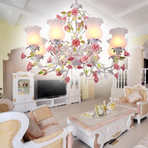 Modern White Pink Rose European Chandelier Lighting Decorative Pendant Hanging Lamp Iron Crystal Chandelier Dining Room Lighting
