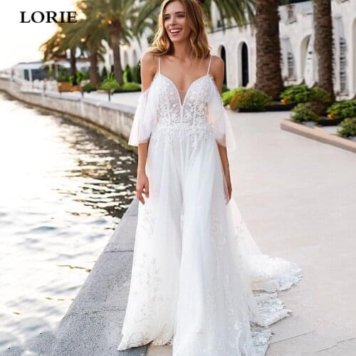 LORIE White ivory Beach Wedding Dresses Spaghetti Strap A Line Lace Bride Dresses Puffy Tulle Wedding Gowns Vestidos de novia
