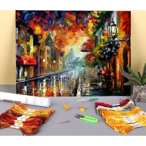 Misty City Mood Printed Canvas 11CT Cross Stitch Embroidery Patterns DMC Threads Sewing Painting Handmade Handiwork Design