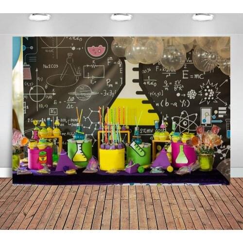 Creative Backdrops for Pictures Chemistry Classroom Blackboard Test Tubes Balloons Cakes Candy Photography Background Boy Banner