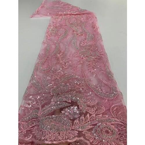 5yards/pc) Latest pink African tulle lace gorgeous embroidered French net lace fabric with beads for party dress FXZ110