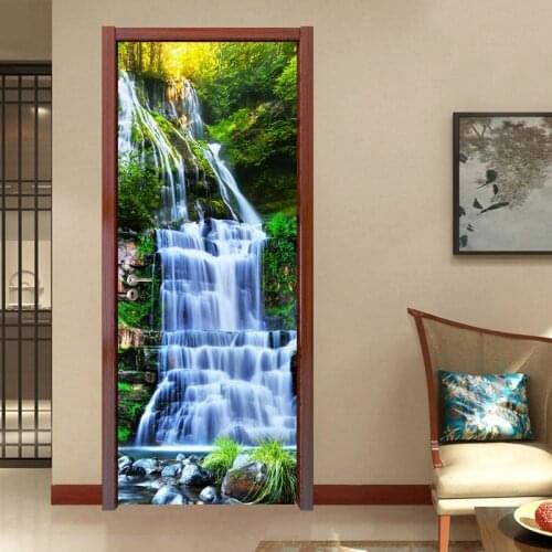 Waterfall Lake Nature Landscape Large Murals Creative DIY 3D Door Sticker PVC Self-adhesive Room Door Decoration Mural Wallpaper