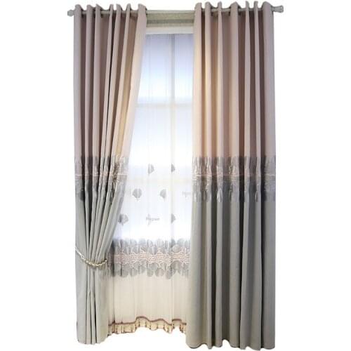 High-grade warm embroidered cotton and linen splicing ash powder European simple modern curtain shading customization