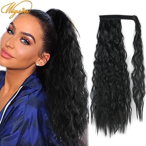 WIGSIN Syntheic Long Kinky Curly Ponytail Wrap Around Clip in Hair Extension Natural Black Hairpiece for Women