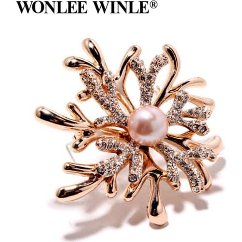 Wonlee Winle TOP Quality Full Rhinestone Austria Crystal Pearl Snow Flower Brooches for Women Fashion Jewelry