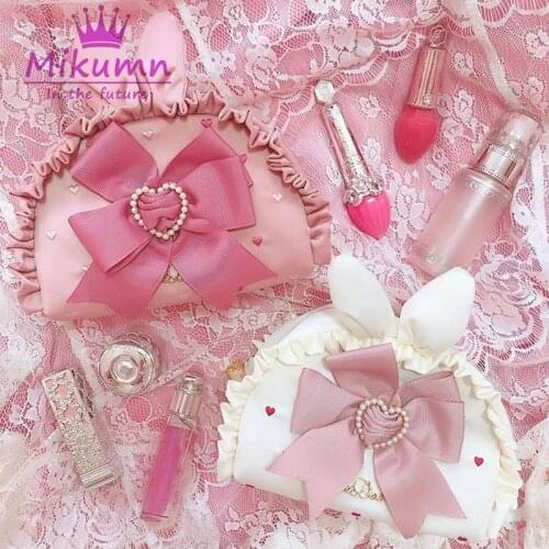 Japanese Sweet Cute Pink Rabbit Ears Bow Love Embroidered Cosmetic Bag Women Girls