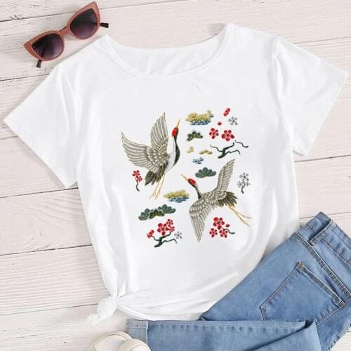 2021 Embroidered Printed Woman T-shirt Exquisite Creative Two Cranes Embroidered T Shirt Soft Girl Breathable Vogue Tshirt