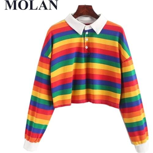 Women Fashion Hoodies Sweatshirt Long Sleeve Striped Rainbow Color With Button Female New Fashion Chic Pulover Top