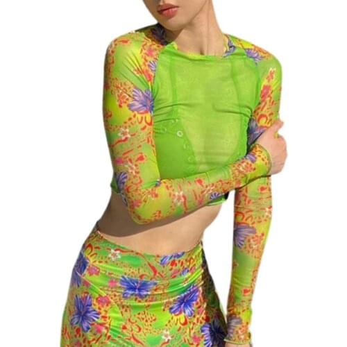 Women’s Casual Long Sleeve T-shirt Fashion Mesh Yarn Printing Perspective Exposed Navel Tops