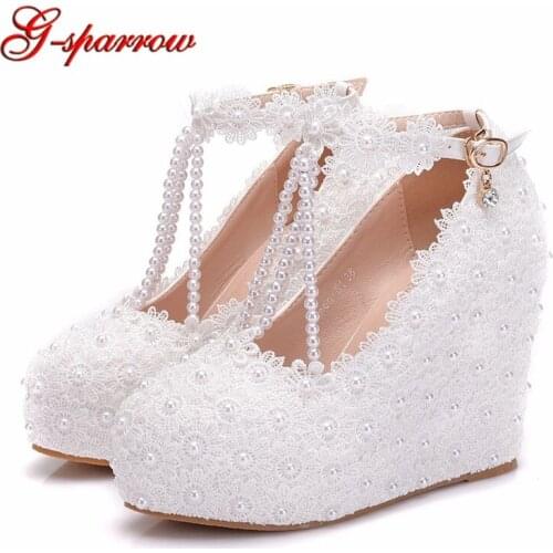 Wedges Heel White Lace Wedding Shoes T-straps platforms 11cm Women High Heels Bridal Dress Shoes Sweet Lace Bridesmaid Shoes