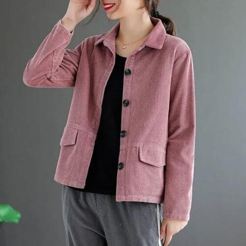 Womens Pure Color Corduroy Coat 2021 Spring Autumn New Corduroy Long-Sleeved Short Jacket Femalet Single-Breasted Thin Top L669