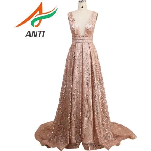 ANTI Long Prom Dress Gold Sequin Evening Dress 2019 for Women Shiny Sexy vestidos de fiesta V Neck Open Back robe de soiree