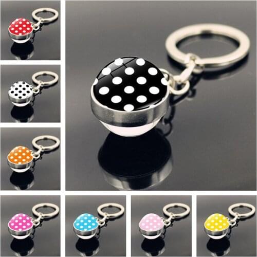 Car Keychain Jewelry with Silver Color Polka Dot Art Picuture Double Side Glass Ball Keychain Holder for Men Women