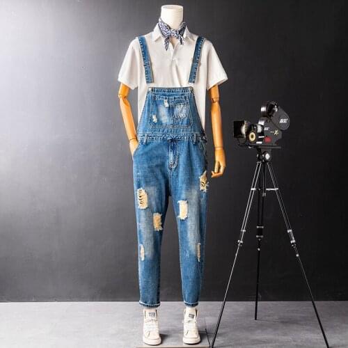 Retro mens denim overalls summer ripped cropped trousers nostalgic one-piece motorcycle tooling suspenders jeans Cargo Pants