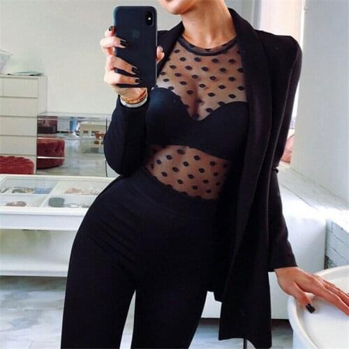 Summer Women Long Sleeve Perspective T-Shirts New 2019 Ladies Sexy Club Mesh Dot T Shirt Party Crop Top Crew Sheer Tops T-shirt
