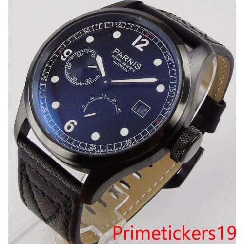 PARNIS 46mm black dial automatic men wristwatch ST2530 movement power reserve date indicator luminous hands