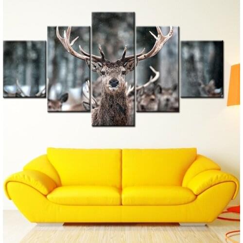 Canvas Painting deer and dog waling in snow 5 Piece Wallpapers Art Canvas Print modern Poster Modular art painting Home Decor