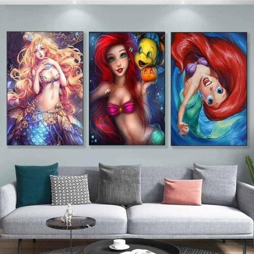 Mermaid Canvas Paintings Cartoon Disney Princess Wall Art Anime Posters and Prints Girls Pictures Wall Decorations Bed Room
