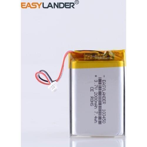 3.7V 2000mAh 103450 Lithium Polymer LiPo Rechargeable Battery With JST 1.0mm 3pin For Handheld GPS Mp3 Bluetooth Smart Watch