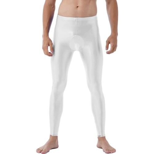 Men Low Waist Seamless Sport Trousers Glossy Bulge Pouch Elastic Waistband Leggings Solid Color Yoga Pants Stretchy Skinny Pants