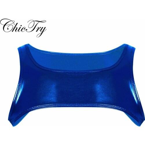 Male Mens Shiny Metallic Sleeveless Shoulder Chest Strap Harness Muscle Clubwear Costume Half Tank Top Muscle Crop Tank Top