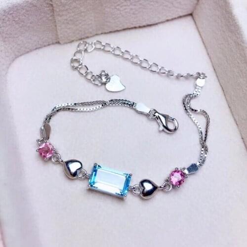 Natural blue chain bracelet Free shipping Real and natural blue topaz Fine jewelry 6*10mm gem