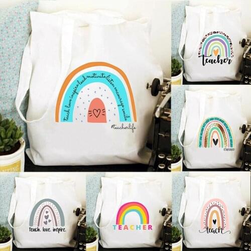 Teach Love Rainbow Women Canvas Tote Shopping Bag Teacher Life Reusable Eco Shopper Shoulder Bag Fashion Book Bag Teacher Gifts