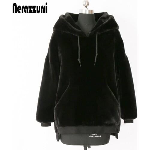 Nerazzurri Winter oversized faux fur sweater long sleeve Black leisure soft warm hoodie women 2020 Loose faux fur jacket women