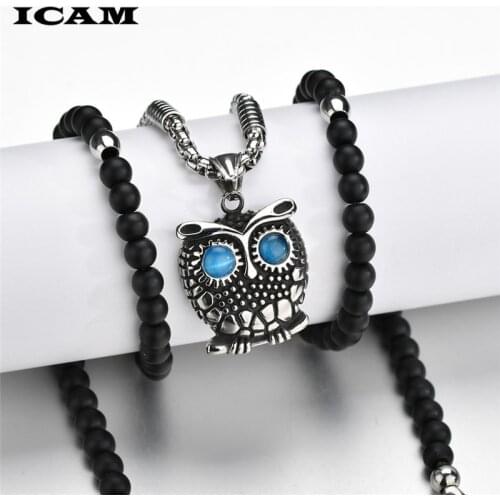 ICAM New Fashion Pure Black Beads Retro Owl Pendants Necklace Bijoux Maxi Statement Long Necklace For Women And Men Jewelry