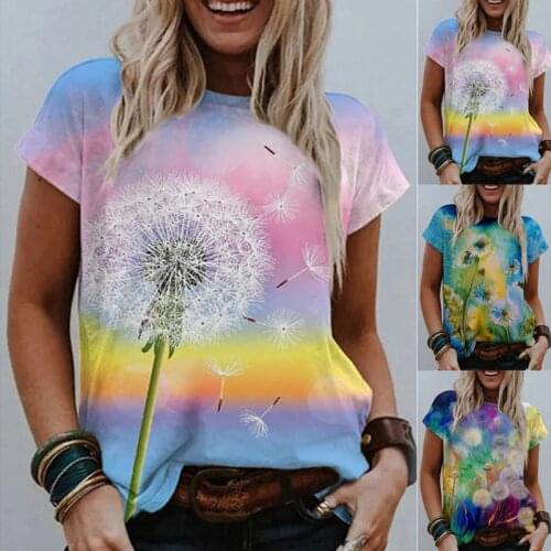 Dandelion Print Tees Women Summer Casual Short SleeveTshirt Vintage Round Neck Loose Oversize Festival Tops Ropa De Mujer S-5XL