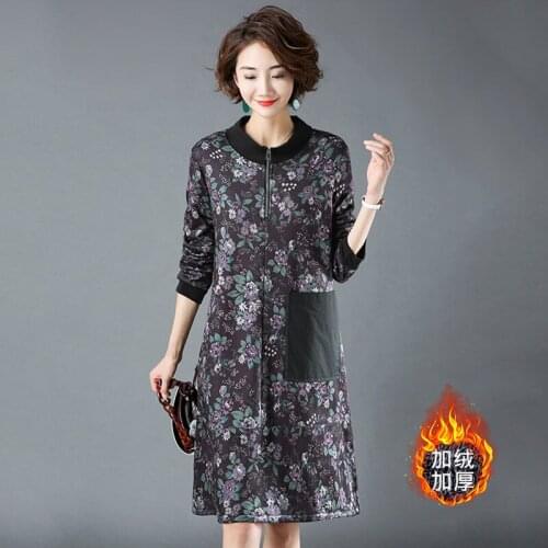 Autumn and Winter Clothing New Plus Velvet Thickening Middle-aged Ethnic Style Big Size Womens Dress Fashion Floral Dress f2428