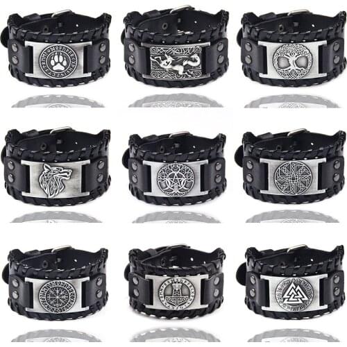 Punk Braided Rope Alloy Bracelet Wristband Adjustable Genuine Leather Bracelet Mens Leather Viking Totem Wristbands Wide bangle