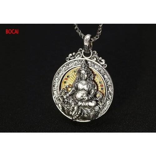 Real s925 sterling silver sweater chain pendant pendant for men and women Thai silver six-character mantra Yellow God of Wealth