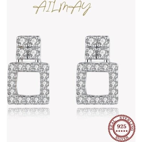 Ailmay Top Quality Real 925 Sterling Silver Geometric Design Shiny Zircon Earring For Women Girls Party Accessories Jewelry