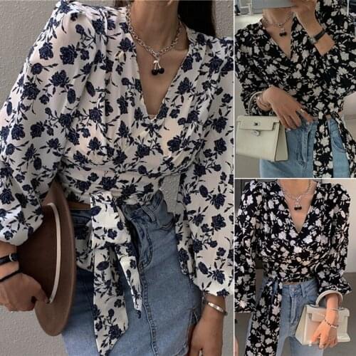 Chiffon Printing Floral Blouse Women Lace Up Tie Tunic Kimono Long Sleeve Loose Shirt Wrap Chest Tops