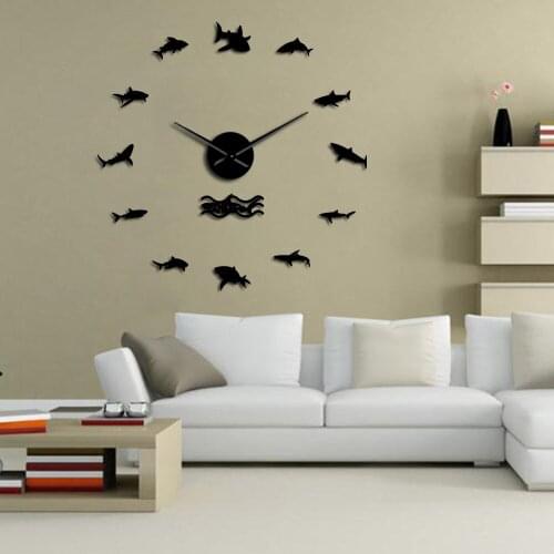 Ocean Shark Design Modern Size Adjustable DIY Wall Clock Sea Marine Animals Quartz Acrylic Mirror Effect Sticker Clock Watch