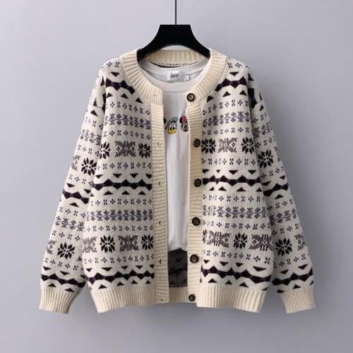Sweater womens autumn and winter 2021 new loose retro knitted cardigan round neck long-sleeved top casual all-match