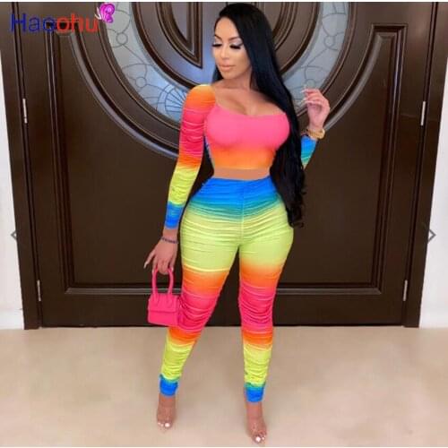HAOOHU Streetwear Rainbow Striped Stacked Womens Suit Crop Tops Pencil Ruched Pants Two Piece Set Matching Set Fitness Outfit