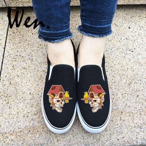 Wen Design Birds Nest Skull Canvas Upper Slip On Style Men And Women Adults Sneakers Athletic Shoes Black White 2 Choices